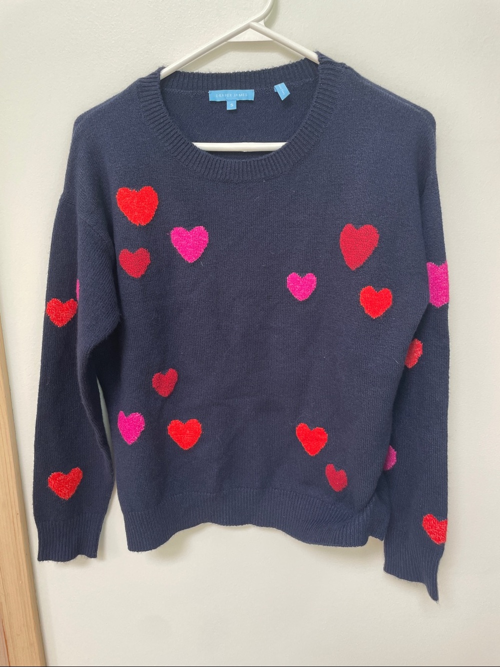Draper James Sweater Women small Cotton Navy Crew Neck Pullover Hearts